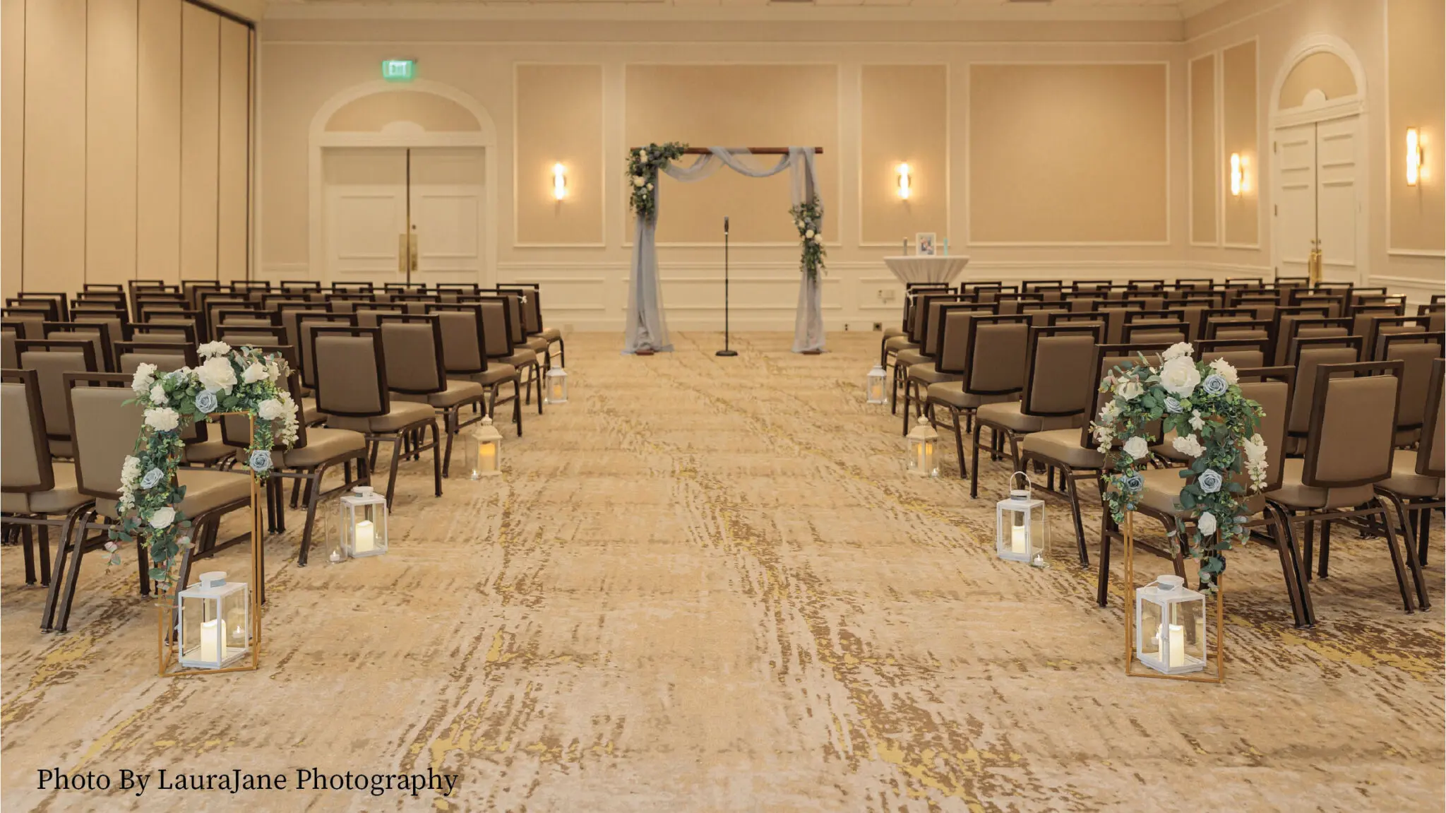Intimate wedding ceremony in Lake Country Ballroom.
