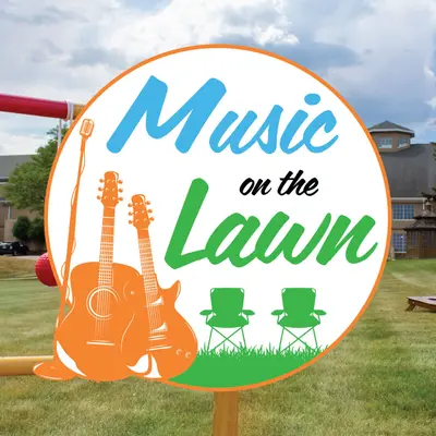 Music on the Lawn logo on top of a photo of yard games and greenspace.
