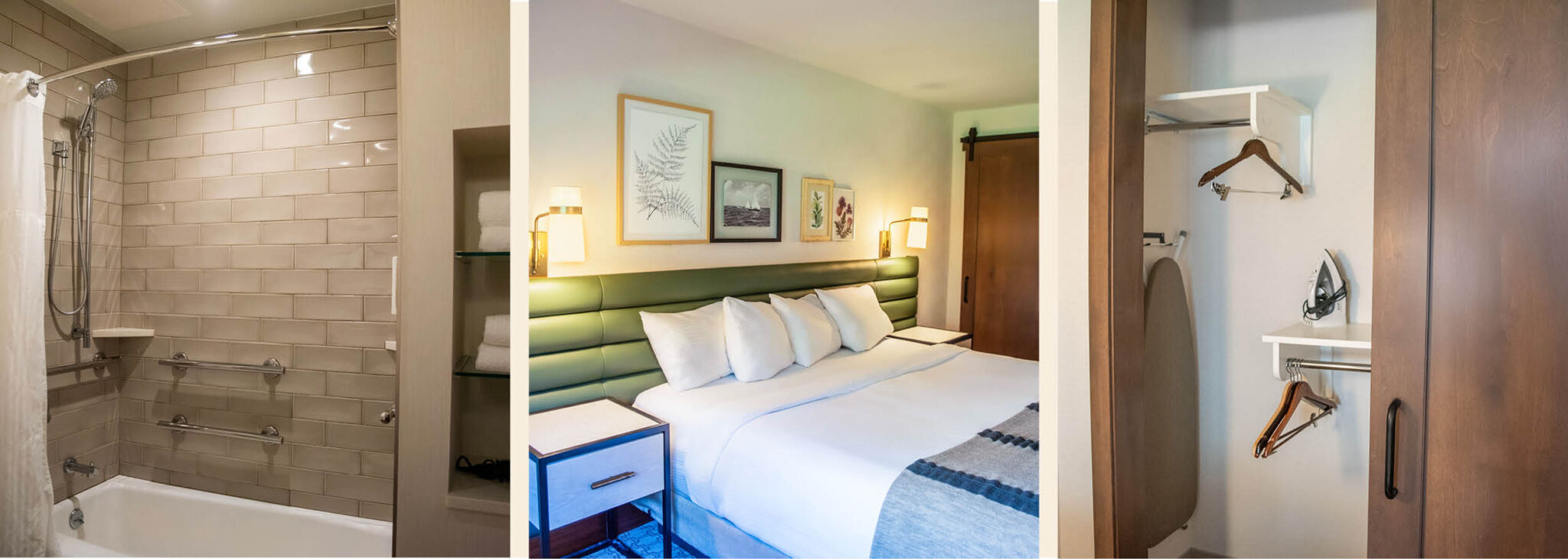 Three images showing an Accessible King Premier Room with a king sized bed, tub shower with grab bars, and closet.