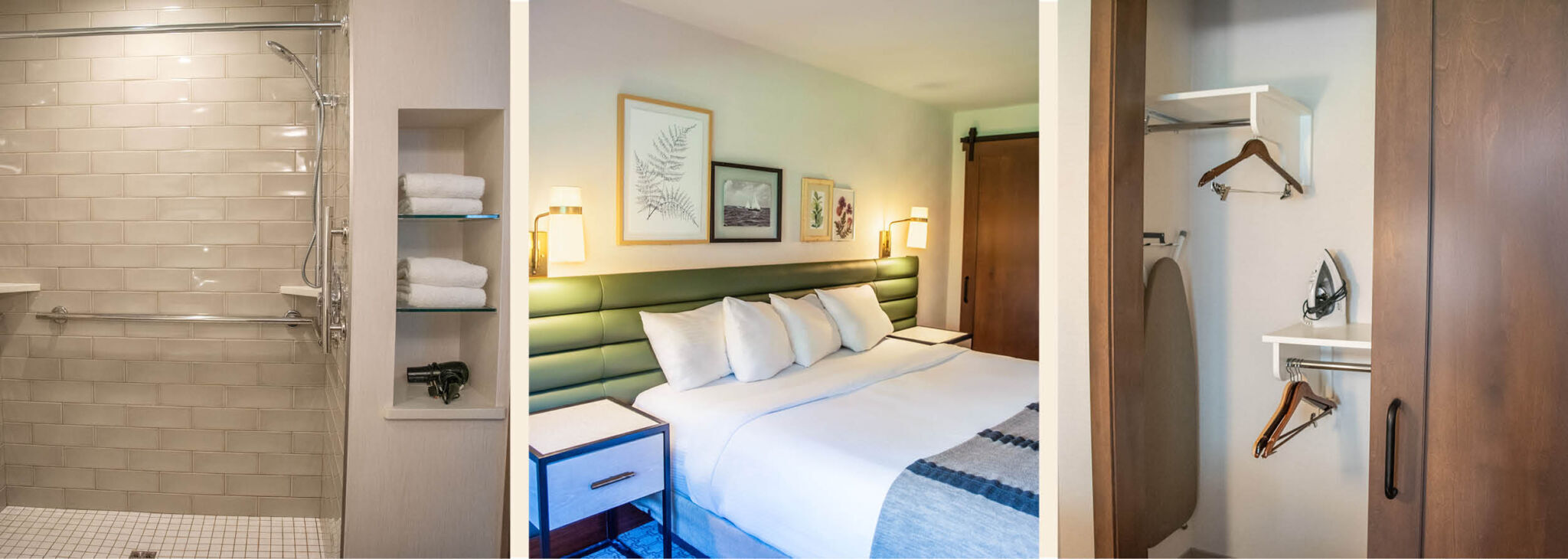 Three images showing an Accessible King Premier Room with a king sized bed, roll in shower, and closet.