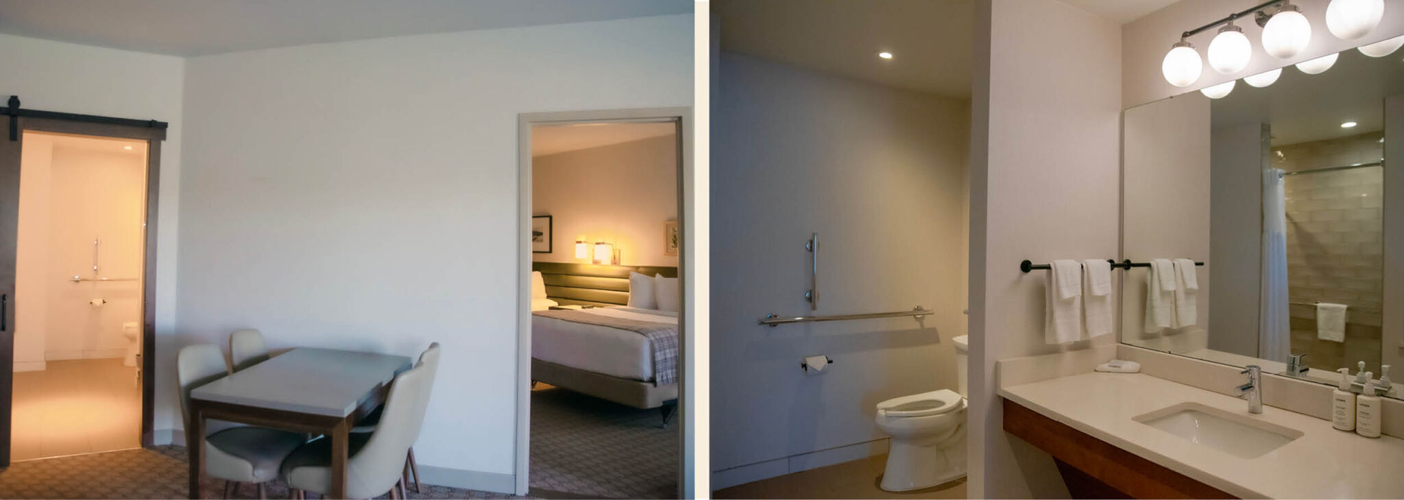 Two images of an Accessible Governor Suite room showing the living space and bathroom.