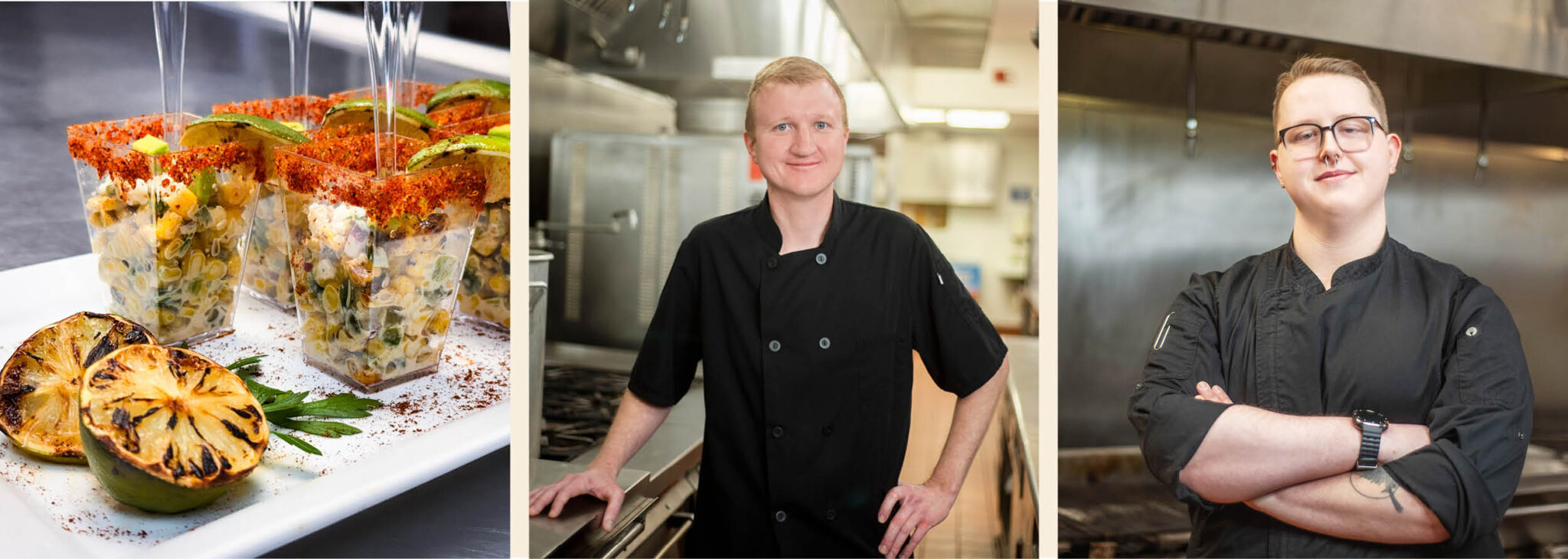 A collection of images featuring a photo of the Elote Summer Salad prepared and our culinary team.