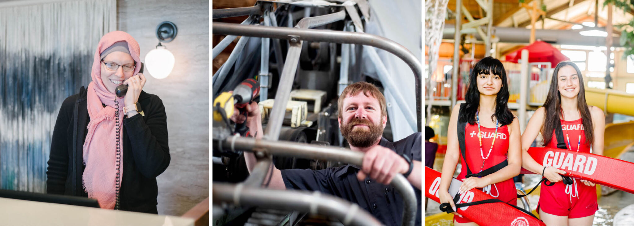 Three-panel collage highlighting hotel employees: a front desk team member speaking on the phone, a maintenance team member working with equipment, and two water park lifeguards holding rescue tubes.