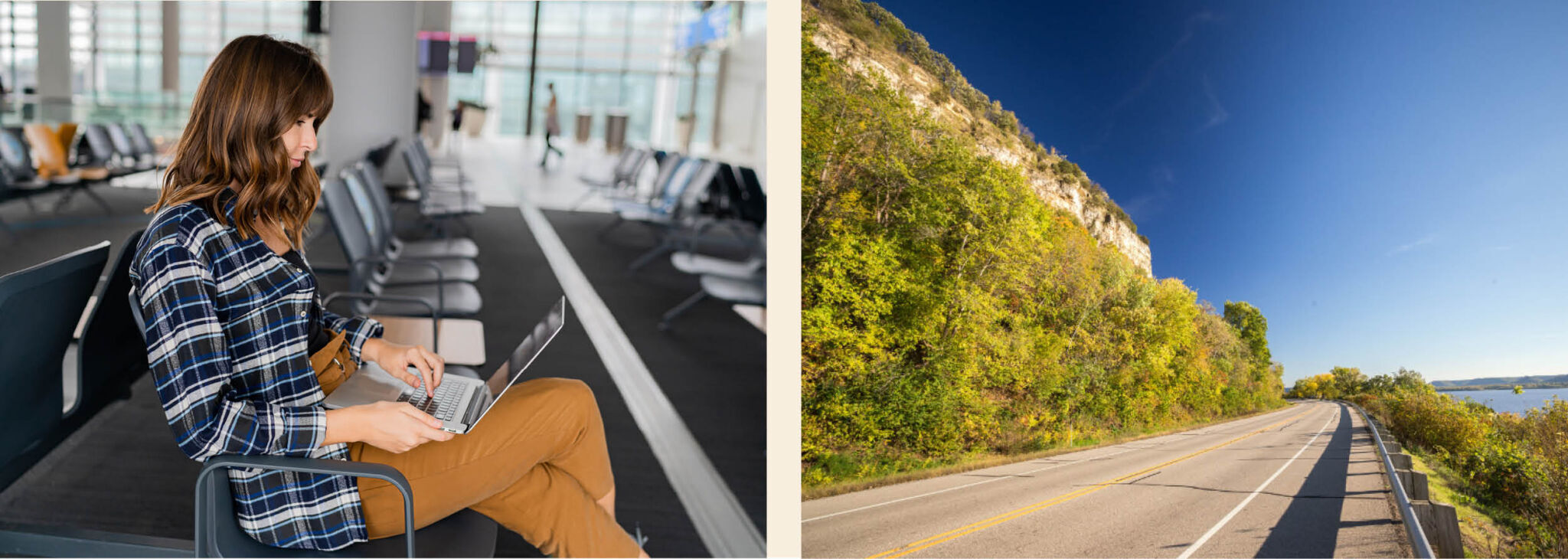 Woman sitting in airport using a laptop and the Wisconsin Interstate.
