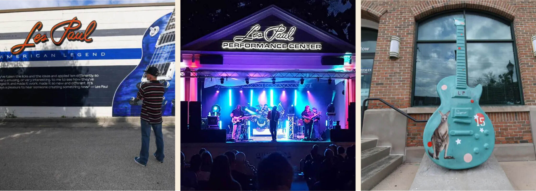 Waukesha's GuitarTown district featuring Les Paul murals, guitar statues, and live music celebrating the city's musical roots.