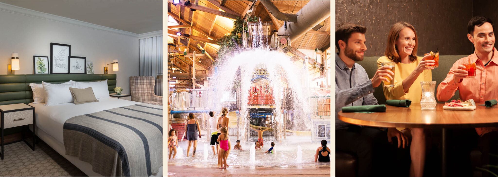 The Ingleside Hotel guest room, indoor water park, and dining.