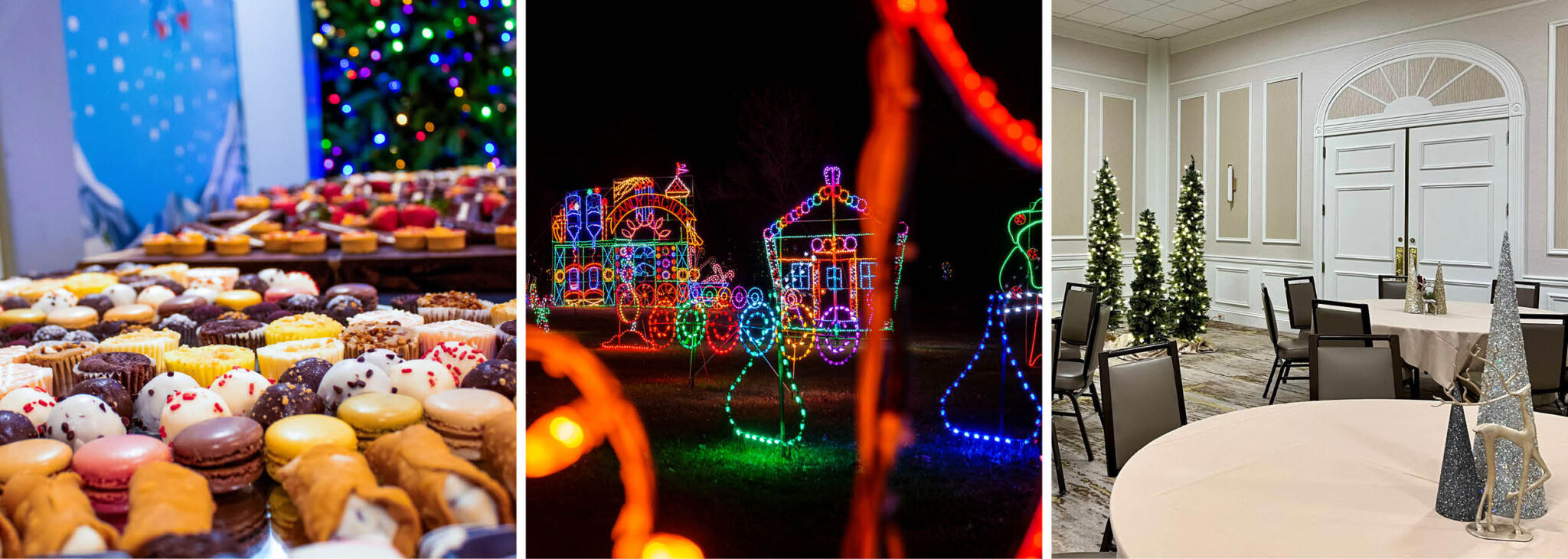 Holiday parties at The Ingleside Hotel with desserts, Country Christmas, and holiday decor.