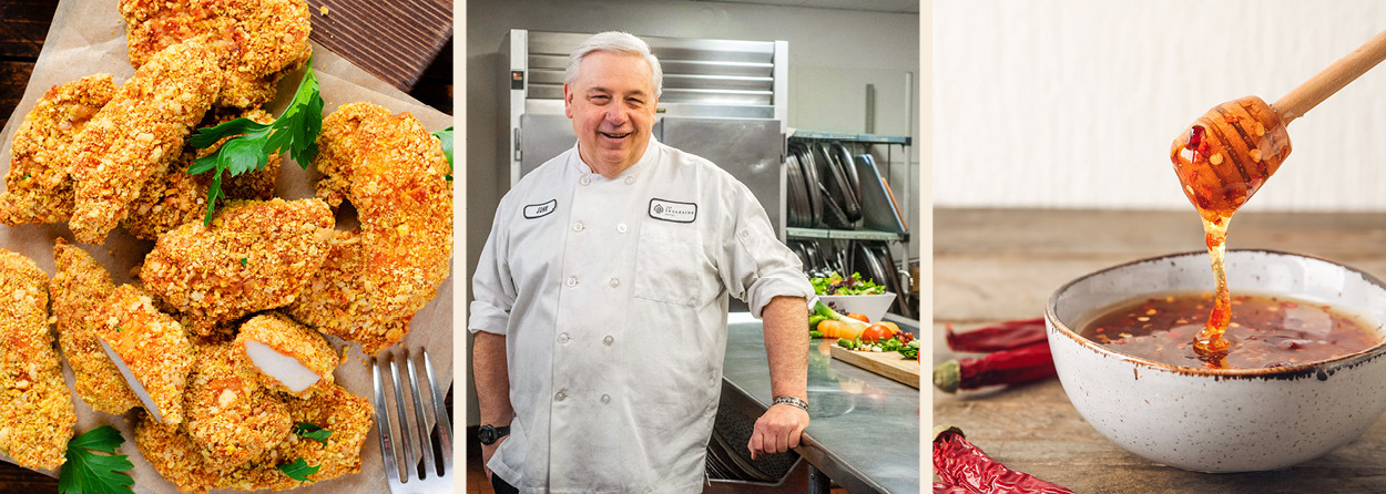 A three image collage featuring a photo of chicken breaded with crushed cornflakes, a photo our Executive Chef, and a photo of a bowl filled with hot honey. 