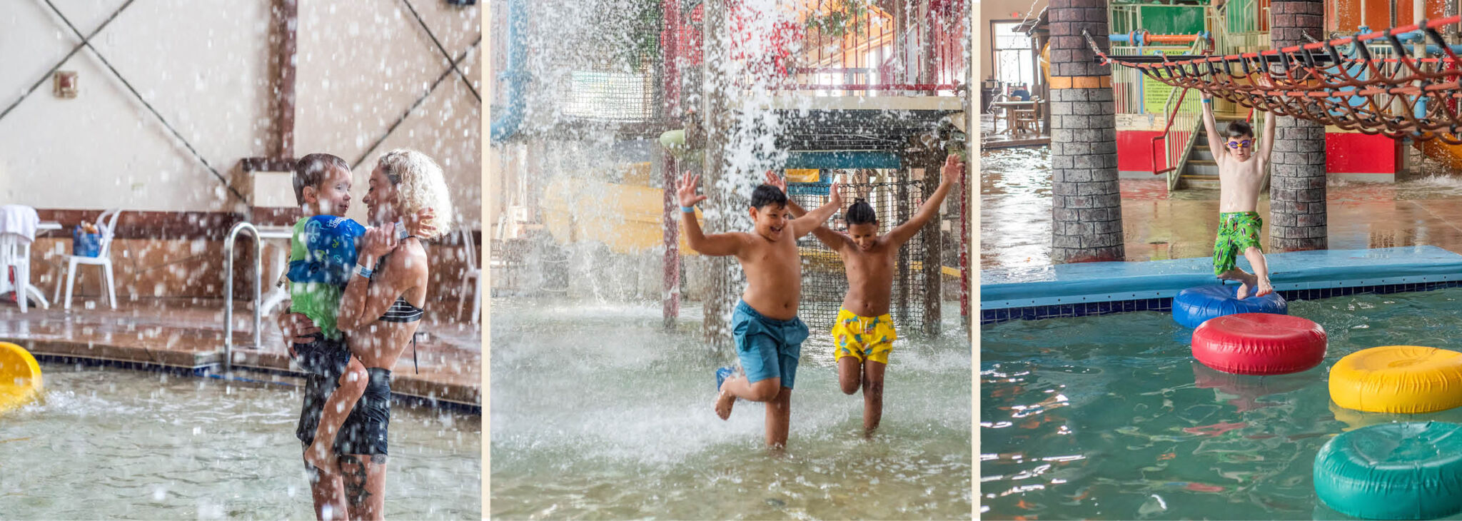 Indoor water park fun featuring a family in a splash area, children playing beneath a giant tipping bucket, and a child navigating floating obstacles in an activity pool.