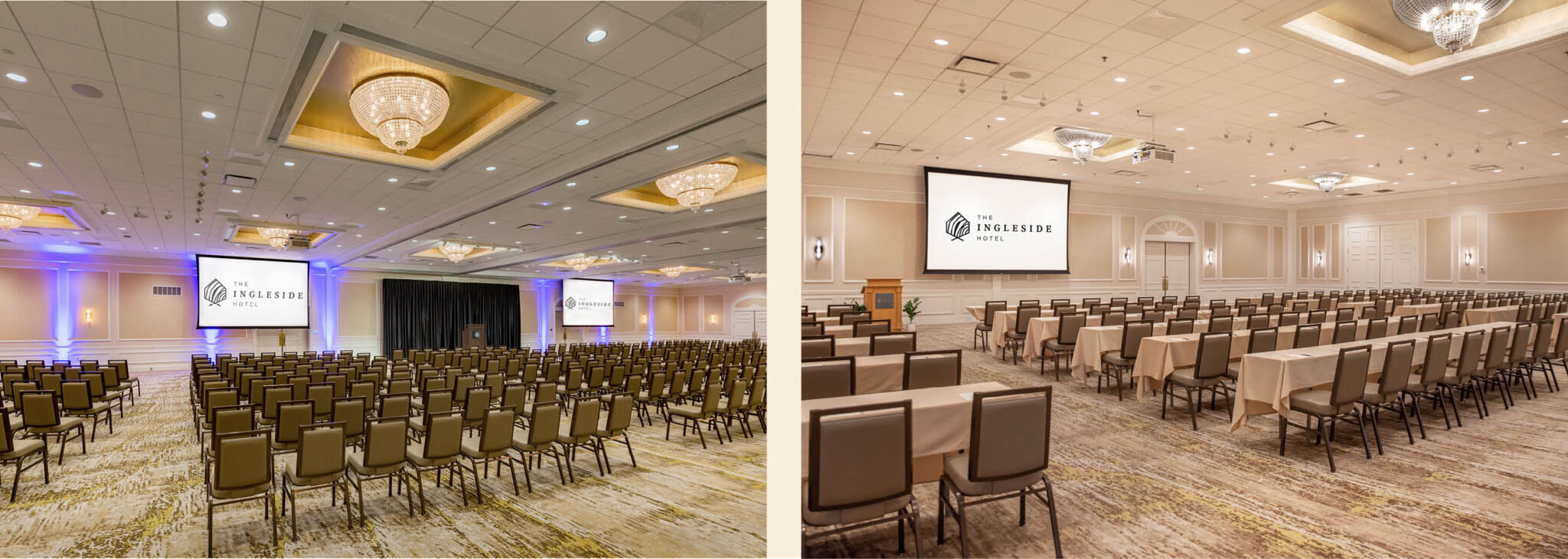 Lake Country Ballroom and Oakton Ballroom set up classroom style.