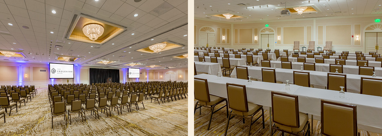 Photo Collage of the Lake Country Ballroom set with chair and the Oakton Ballroom set for a panel.
