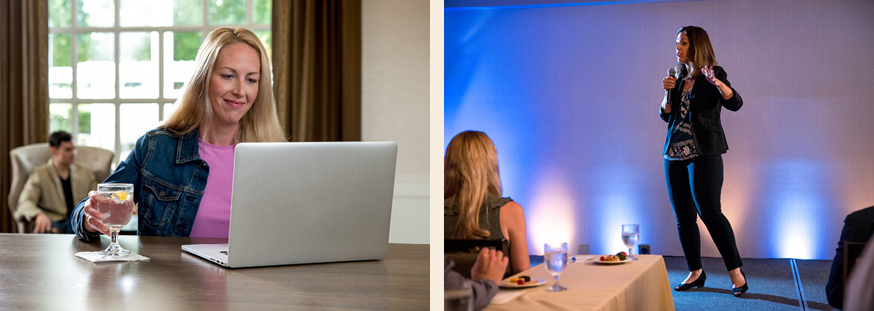 Photo Collage of women working on laptop in hotel lobby and woman giving a speech on a stage.