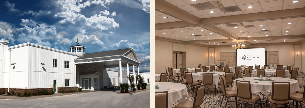 Photo Collage of the exterior of the hotel entrance and Fieldstone set with AV and round tables. 