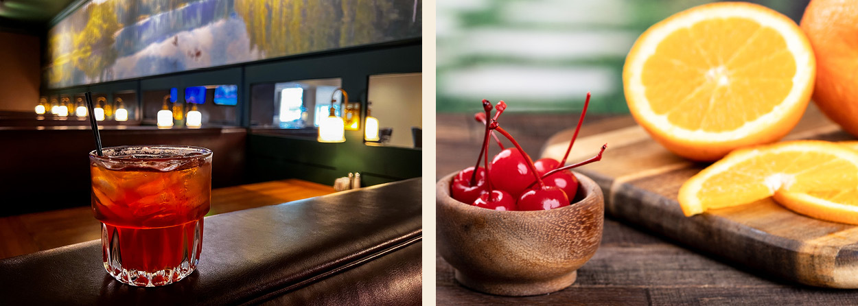 A two photo collage of a photo of Didi's Dad's Old Fashioned and cherries and orange slices.