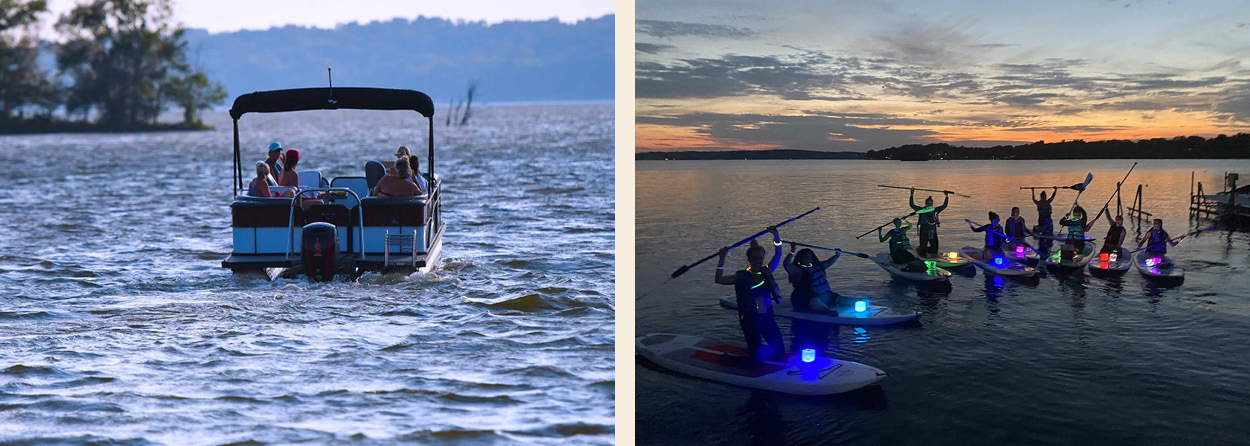 Collage image of a photo on the left showing a pontoon boat on the water and on the left a photo of a group paddle boarding at dusk