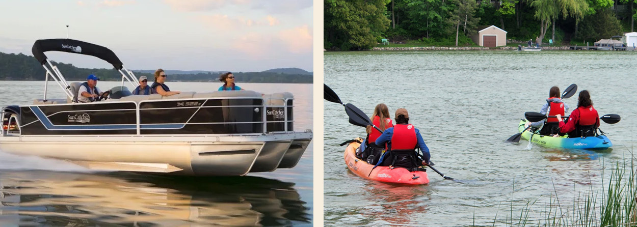 Collage image of a photo on the left showing a pontoon boat on the water and on the left a photo of four people on kayaks