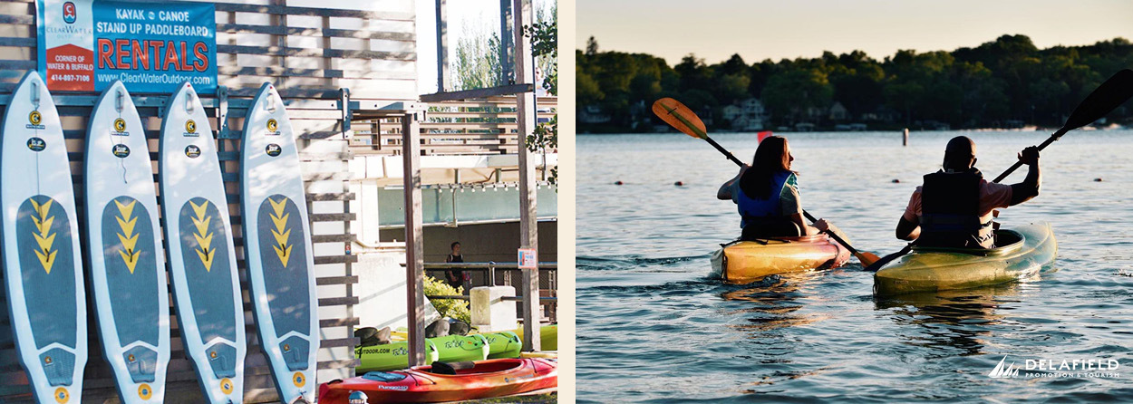 Collage image of a photo on the left showing paddle boards and kayak rentals and on the left a photo of two people on kayaks