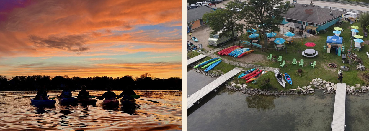 Collage image of a photo on the left showing group kayaking at sunset and the photo on the right is view of Panga Bar and Grill