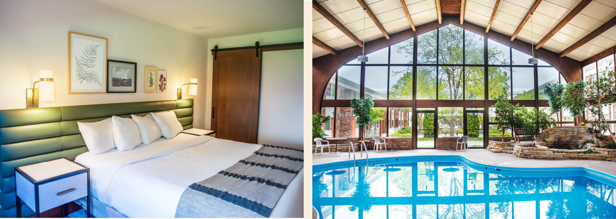 The Ingleside Hotel Premier King guest room and indoor pool.