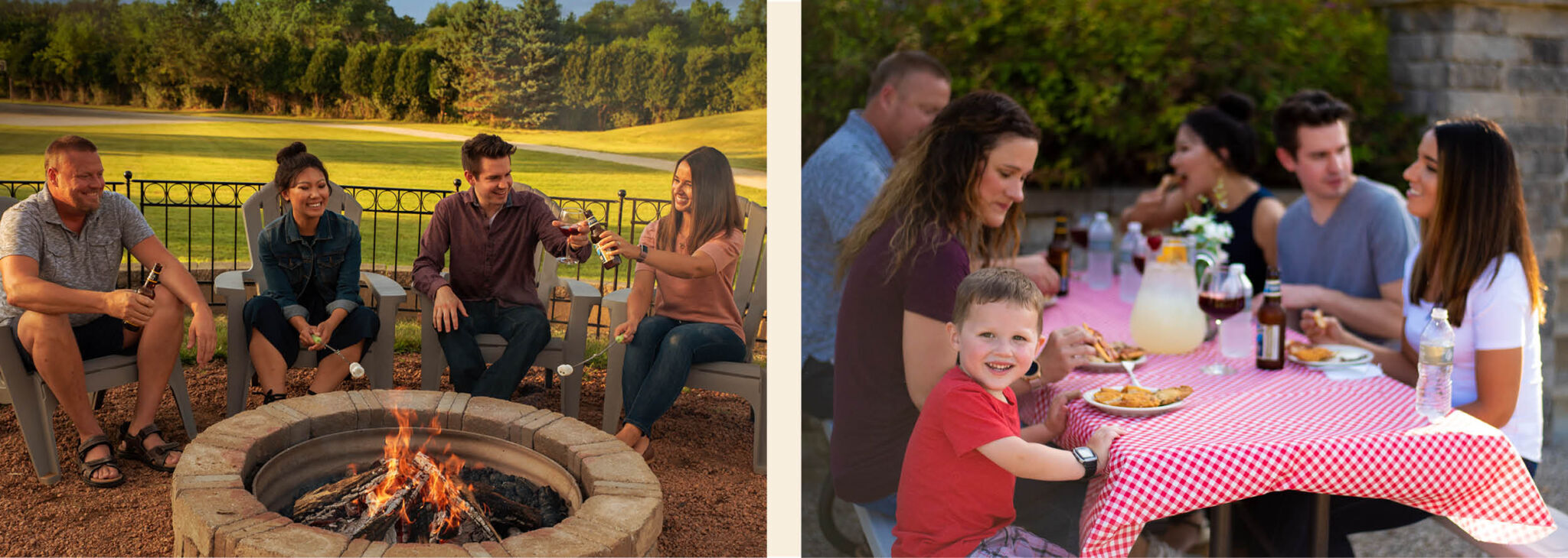Two images showing people smiling and enjoying outdoor picnic and fireplace spaces.