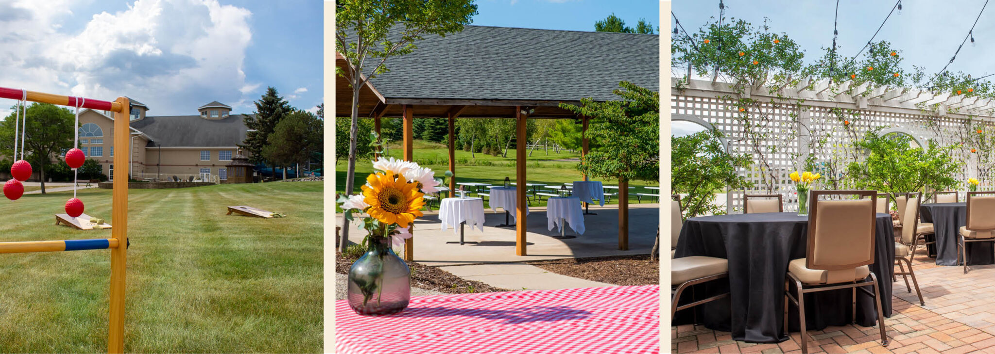 A collection of images featuring flexible outdoor and indoor gathering space.