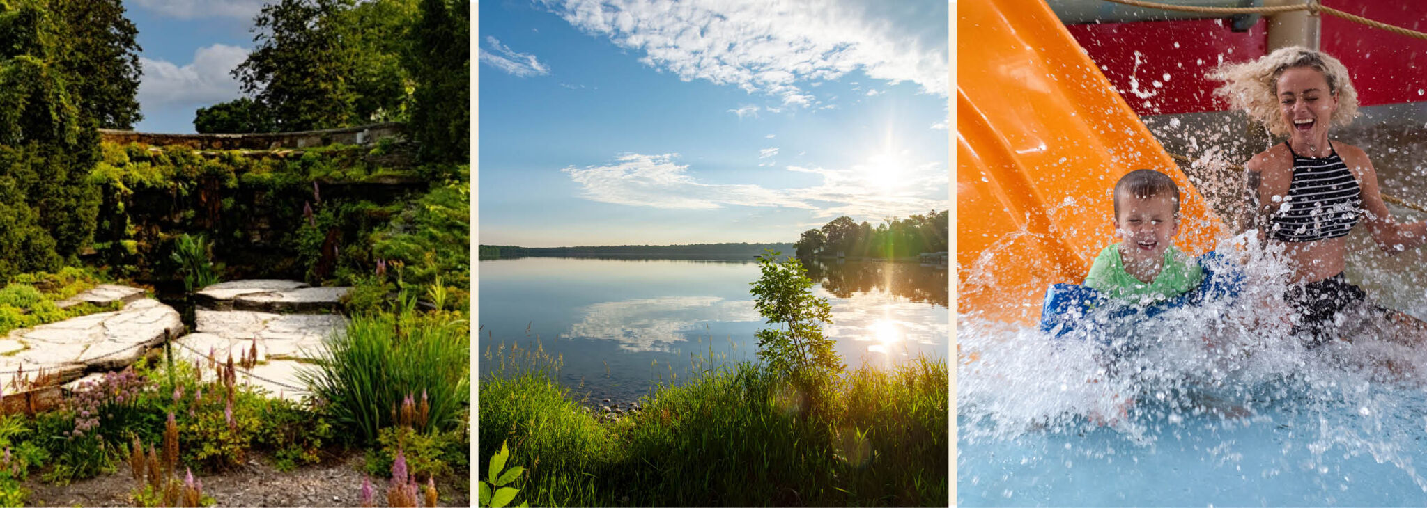 Spring attractions near The Ingleside Hotel, including a blooming botanical garden, scenic Pewaukee Lake views, and family fun at Springs Water Park.