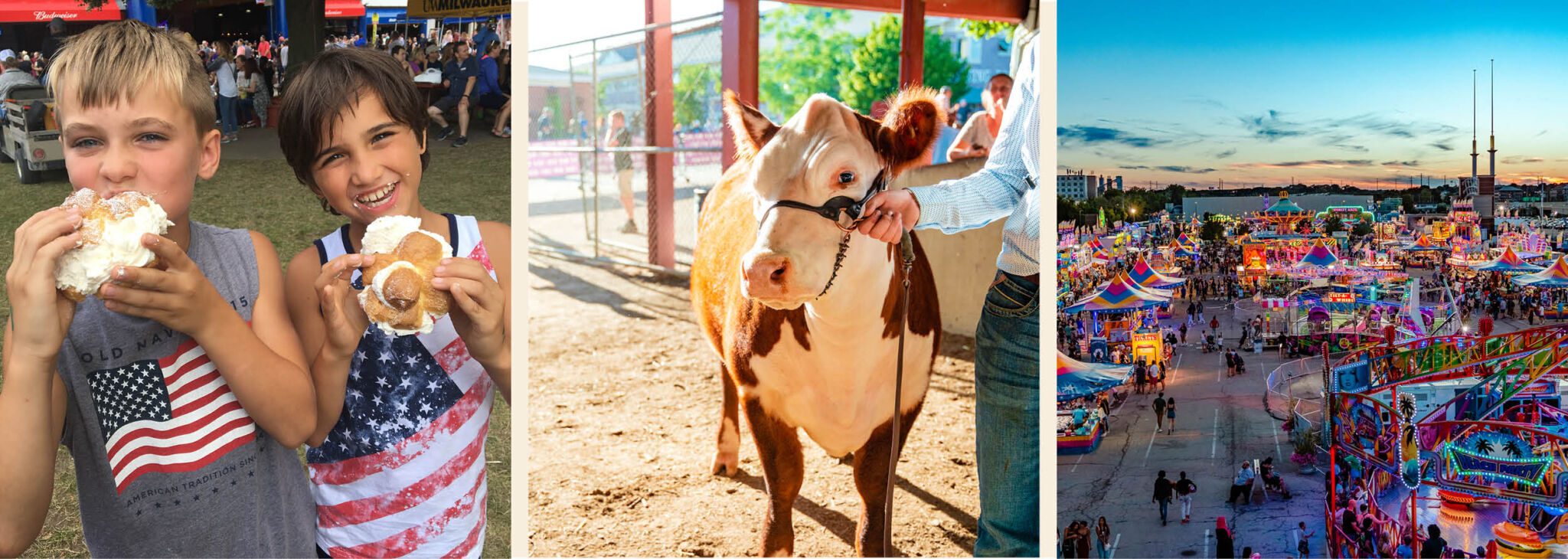 The Wisconsin State Fair showing children eating cream puffs, a show cow, and SpinCity.