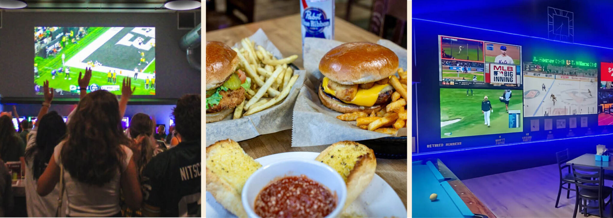 Lake Country Packers game-day experiences featuring a sports bar watch party, burgers and fries, and a venue with multiple TVs showing sports.