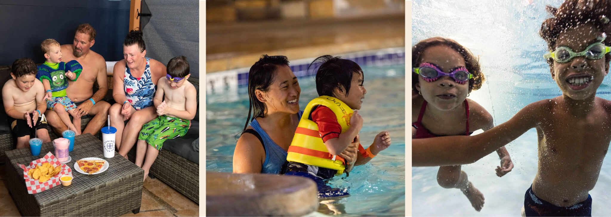 Families enjoying Springs Water Park. From left to right, a family in a private cabana enjoy snack bar food, a mother holding her son in a lifejacket in the pool, two children underwear wearing googles.