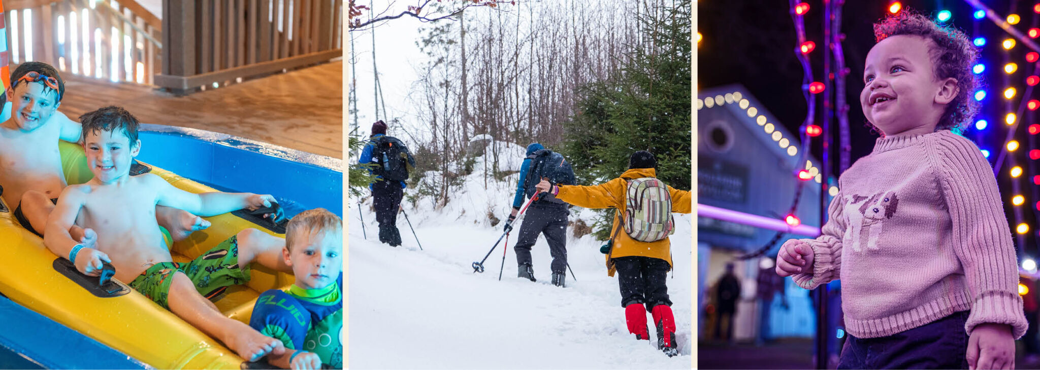 Winter fun featuring an indoor water park, snowy trail adventure, and festive holiday lights.